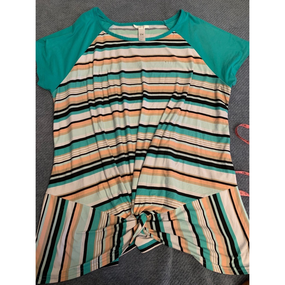 Just Be Women 2X Striped Twist Front Raglan Sleeve Top Teal Orange Black Multi